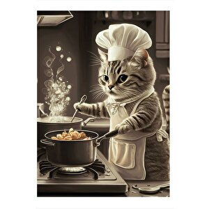 Yemek Yapan Kedi Tasarım Ahşap Tablo 35cm X50cm 35x50 cm
