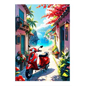 Kırmızı Vespa Ve Yaz Evi Desenli Mdf Tablo 35cm X50cm 35x50 cm