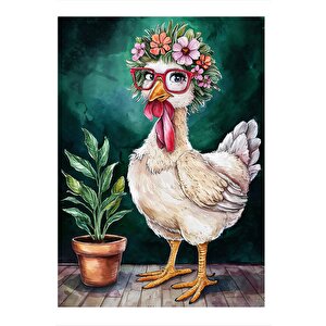 Beyaz Tavuk Ve Çiçek Art Mdf Poster 25cmx 35cm 25x35 cm