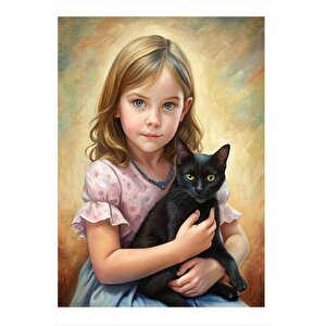 Kız Çocuğu Ve Siyah Kedi Art Mdf Poster 25cmx 35cm