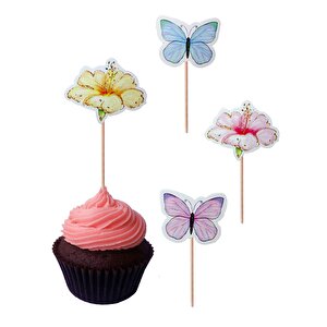 Kelebek Çiçek Temalı Kürdan Makaron Renkli Cupcake Kürdanı Pasta Süsü 10'lu