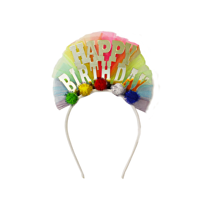Happy Birthday Pleksi Taç Renkli Tüllü Ponponlu Doğum Günü Parti Tacı Altın