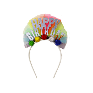Happy Birthday pleksi Taç Renkli Tüllü Ponponlu Doğum Günü Parti Tacı Gümüş