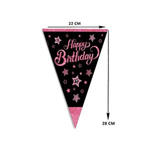 Pink Stars Happy Birthday Yazılı Flama Bayrak Asılabilir Doğum Günü Süsü