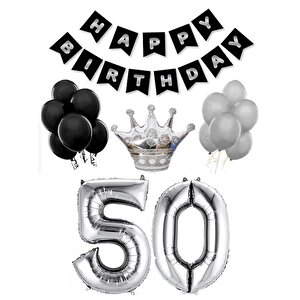 50 Yaş Balon Seti Doğum Günü Parti Seti Siyah Gümüş