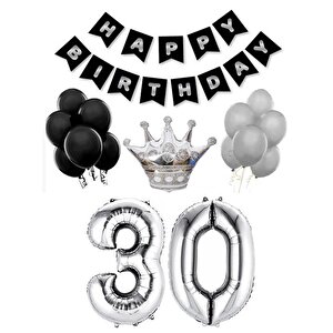 30 Yaş Balon Seti Doğum Günü Parti Seti Siyah Gümüş