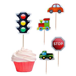 Trafik Temalı Kürdan Taşıt Figürlü Cupcake Kürdanı Pasta Süsü 10'lu