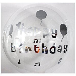 Happy Birthday Yazılı Doğum Günü Balonu Şeffaf Bobo Balon Gümüş