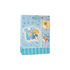 Hoş Geldin Bebek Baby Shower Erkek Bebek Karton Hediye Çantası 24x18x8 Cm