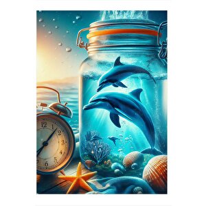 Çalar Saat Ve Kavanozdaki Yunuslar Art Mdf Poster 35cm X50cm 35x50 cm