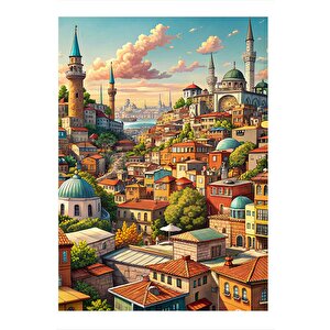 İstanbul Manzaralı Şehir Desenli Mdf Tablo 35cm X50cm 35x50 cm