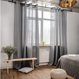 Gri Keten Rustik Tül Perde /kuşgözü Grommet Rustik Perde 350x260 cm