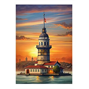 Gün Doğumunda Kız Kulesi Desenli Ahşap Tablo 35cm X50cm 35x50 cm