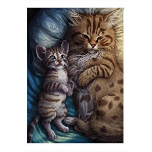Yavru Kedi Ve Annesi Dekoratif Ahşap Tablo 25cmx 35cm 25x35 cm