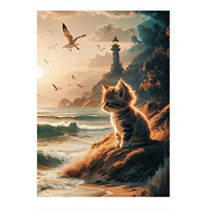 Sahildeki Yavru Kedi Model Ahşap Tablo 25cmx 35cm 25x35 cm