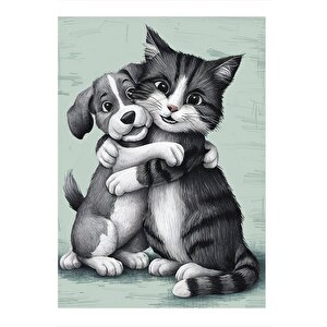 Kedi Ve Köpek Dostluğu Mdf Poster 35cm X50cm 35x50 cm
