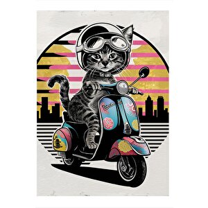 Motosiklet Kullanan Kedi Desenli Ahşap Tablo 25cmx 35cm 25x35 cm