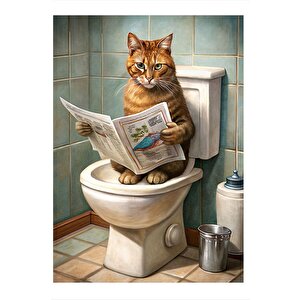 Tuvalette Gazete Okuyan Sevimli Kedi Dekoratif Mdf Tablo 35cm X50cm