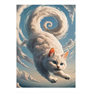 Beyaz Kedi Ve Bulut Sarmalı Tasarım Mdf Tablo 25cmx 35cm 25x35 cm