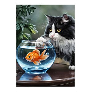 Akvaryumdaki Balık Ve Kedi Dekoratif Mdf Tablo 25cmx 35cm 25x35 cm