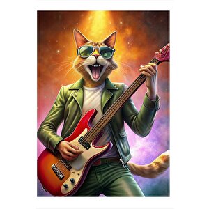 Bas Gitar Çalan Kedi Modern Ahşap Tablo 35cm X50cm 35x50 cm