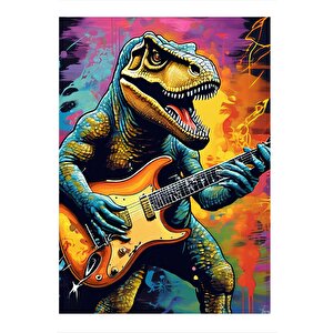 Renkli Fon Gitarist Dinazor Tasarım Ahşap Tablo 35cm X50cm 35x50 cm
