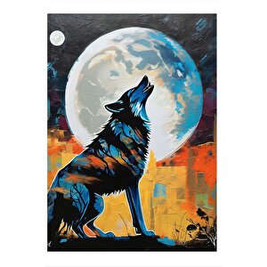 Yağlıboya Kurt Ve Dolunay Mdf Tablo 25cmx 35cm 25x35 cm