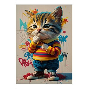 Renkli Kazaklı Kedi Art Mdf Tablo 25cmx 35cm 25x35 cm