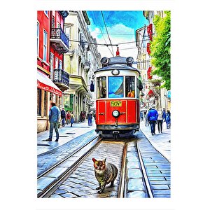 Taksim'de Tramvay Ve Kedi Desenli Ahşap Tablo 35cm X50cm 35x50 cm