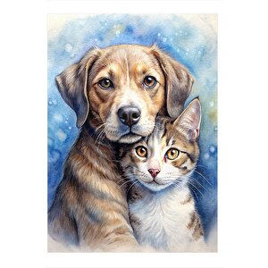 Köpek Ve Kedi Pozu Tasarım Ahşap Tablo 35cm X50cm 35x50 cm