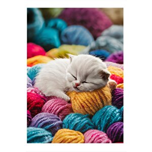 Renkli Yünlerde Uyuyan Kedi Mdf Tablo 35cm X50cm 35x50 cm