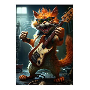 Elektro Gitar Çalan Tüylü Kedi Mdf Tablo 35cm X50cm 35x50 cm