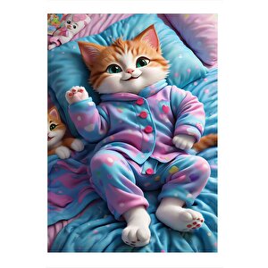 Pijamalı Uykuya Hazır Sarı Kedi Desenli Mdf Tablo 35cm X50cm 35x50 cm