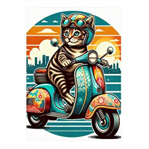 Motosiklet Kullanan Kedi Dekoratif Mdf Tablo 25cmx 35cm 25x35 cm