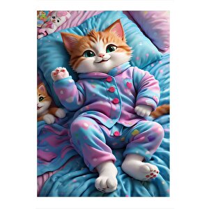 Pijamalı Uykuya Hazır Sarı Kedi Desenli Mdf Tablo 25cmx 35cm 25x35 cm