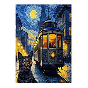 Gece Tramvayı Ve Kedi Dekoratif Ahşap Tablo 25cmx 35cm 25x35 cm