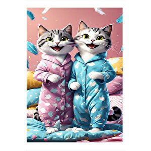 Pijamalı Afacan Kediler  Hediyelik Mdf Tablo 25cmx 35cm 25x35 cm