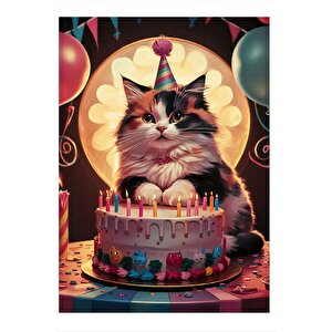 Yaş Gününü Kutlayan Kedi Model Ahşap Tablo 25cmx 35cm 25x35 cm