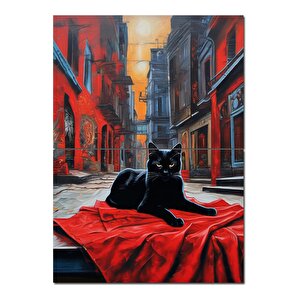 Siyah Kedi Kırmızı Kumaş Dekoratif Mdf Tablo 70cmx 100cm