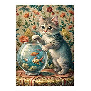 Yavru Kedi Balık Avında  Mdf Tablo 25cmx 35cm 25x35 cm