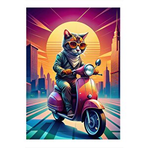 Motosiklet Kullanan Kedi Mdf Poster 35cm X50cm 35x50 cm