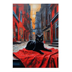 Siyah Kedi Kırmızı Kumaş Dekoratif Mdf Tablo 35cm X50cm 35x50 cm