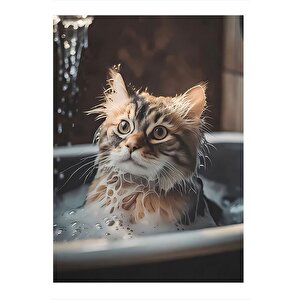 Küvette Banyo Yapan Kedi Dekoratif Ahşap Tablo 35cm X50cm 35x50 cm