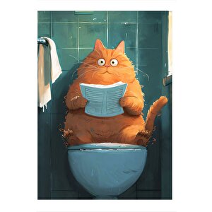 Tuvaletteki Sarı Kedi Modern Ahşap Tablo 35cm X50cm 35x50 cm