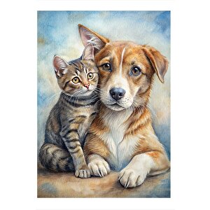 Kedi Ve Köpek Dostluğu Tasarım Mdf Tablo 35cm X50cm 35x50 cm