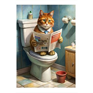 Tuvalette Gazete Okuyan Kedi Dekoratif Ahşap Tablo 35cm X50cm 35x50 cm