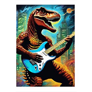 Gitar Çalan Dinazor Art Mdf Poster 25cmx 35cm 25x35 cm