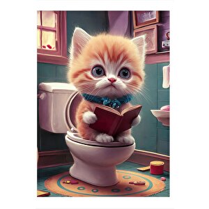 Gazete Okuyan Tuvaletteki Kedi Hediyelik Mdf Tablo 35cm X50cm 35x50 cm