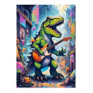 Gitar Çalan Dinazor Hediyelik Ahşap Tablo 35cm X50cm 35x50 cm