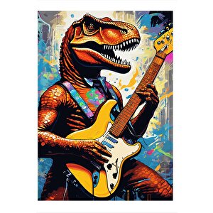 Gitar Çalan Dinazor Modern Ahşap Tablo 35cm X50cm 35x50 cm